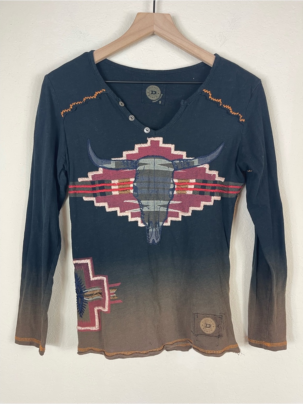 Double D Ranch Cow Skull Ombre Long Sleeve Tee Shirt Size Small